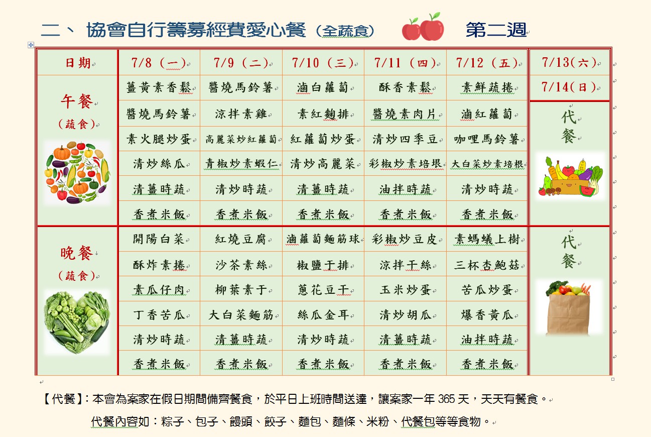 新生活促進會愛心餐 108年7月8日至108年7月14日