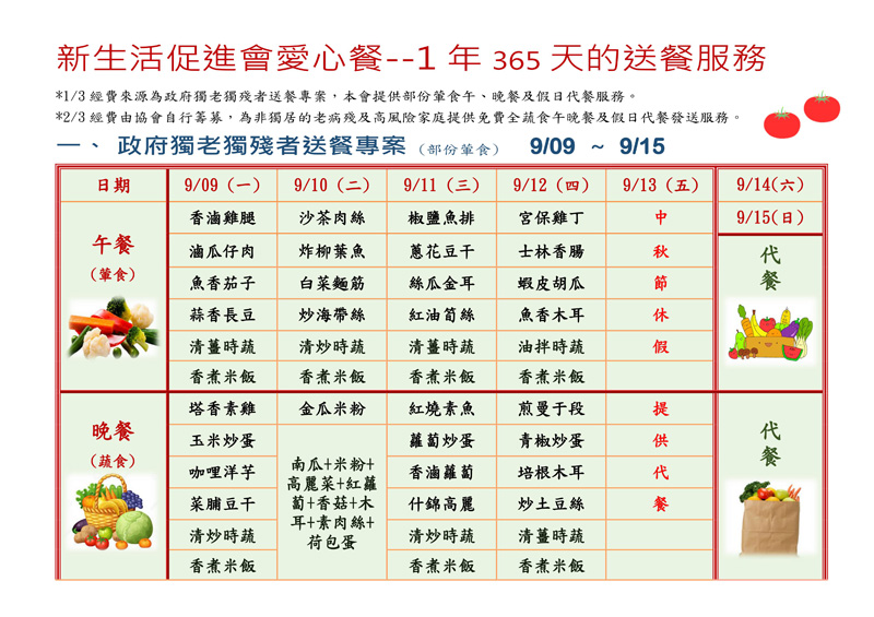 新生活促進會愛心餐108年9月9日至108年9月15日
