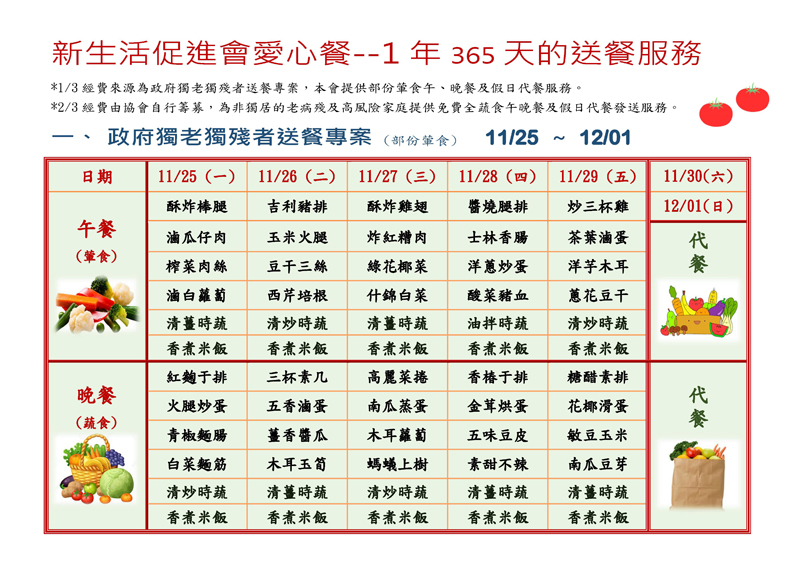 新生活促進會愛心餐108年02月25日至108年12月08日