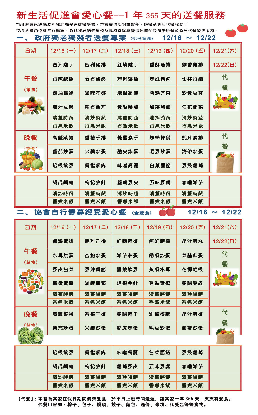 新生活促進會愛心餐108年12月16日至108年12月22日