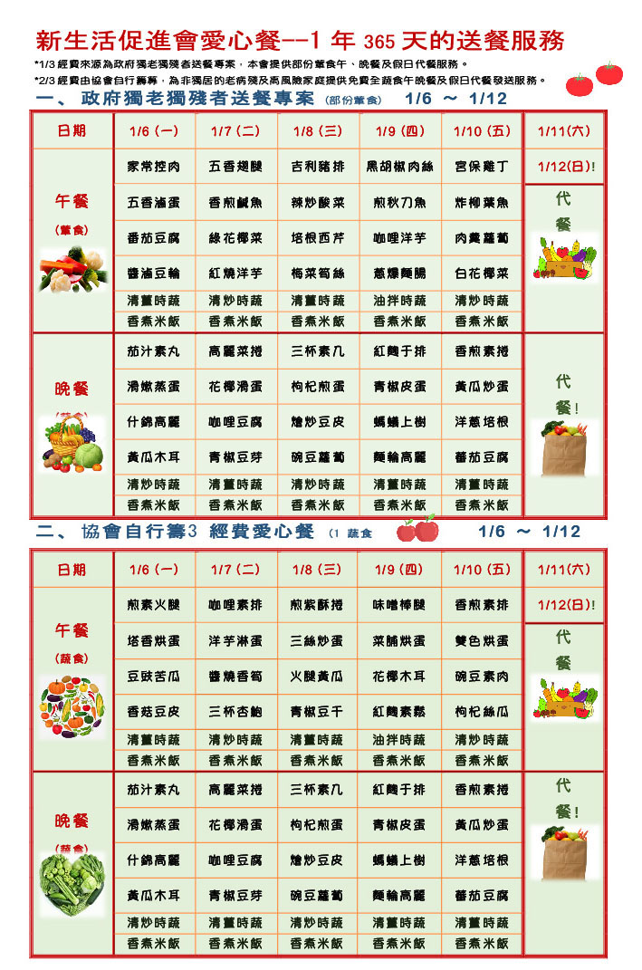 新生活促進會愛心餐--1年365天的送餐服務菜單 1/6 ～ 1/12