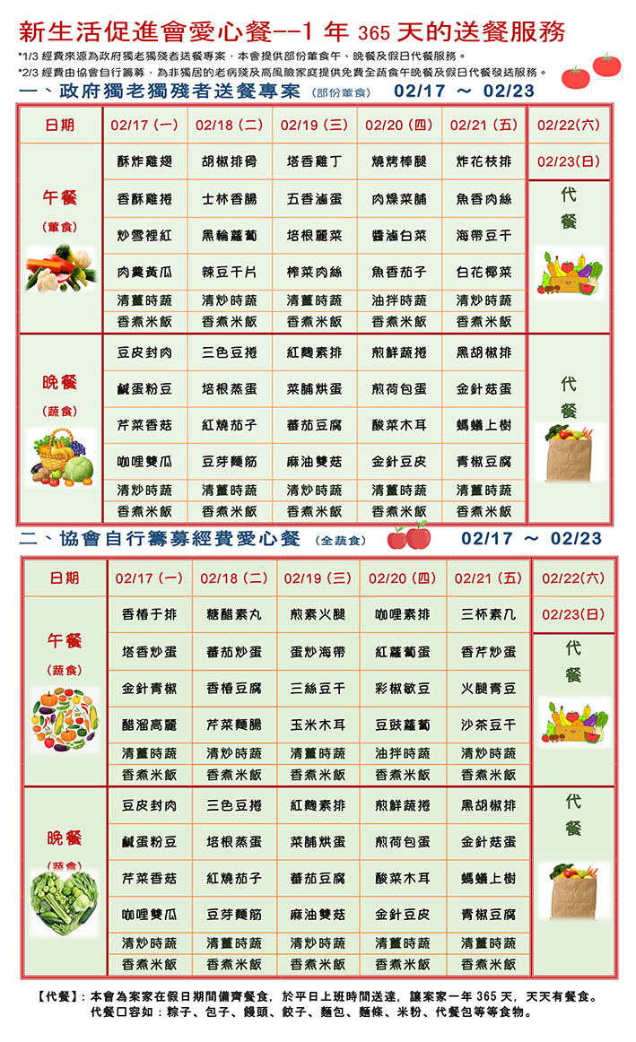 愛心餐菜單109-02-17~02-23